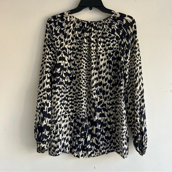 Tory Burch Bird Print Long Sleeve Keyhole Neck Blouse Top Navy Tan 22146 - Picture 2 of 7